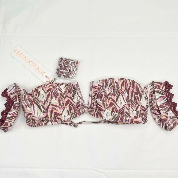 Mink Pink Bikini Top Women SMALL Feather Palm Off Shoulder Bandeau Swim - Picture 2 of 10